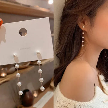 Fashion Pearl Long Earring For Women Cute Korean Crystal Rhinestone Chain Drop Earrings Bridal Wedding Party Jewelry Gifts 2024
