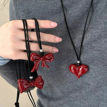 New Red Heart Bow Pendant Necklace for Women Girls Crystal Necklace Black Leather Rope Chain Necklaces Y2k Jewelry Friend Gift