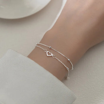 VENTFILLE 925 Sterling Silver Double Love Heart Hollow Round Beads Bracelet Female Fashion Romantic Jewelry Classic Adjustable
