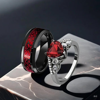 Goth Romantic Inlay Red Crystal Zircon Heart Shape Double Dragon Pattern Couple Rings for Women Men Luxury Sparkle Jewelry Gift